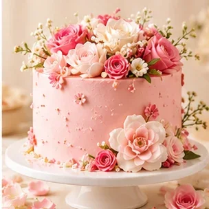 Pink anniversary cake with flowers