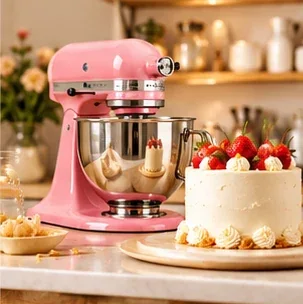 Baking scene with a pink mixer and decorated cake; existing reference image