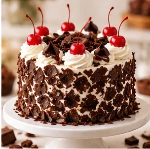 Black Forest cake with cream and cherries; example photo