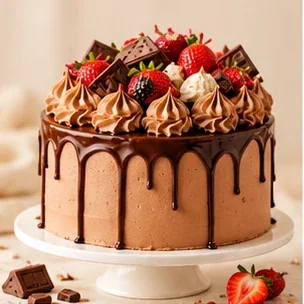 Chocolate drip cake with chocolate pieces; example photo