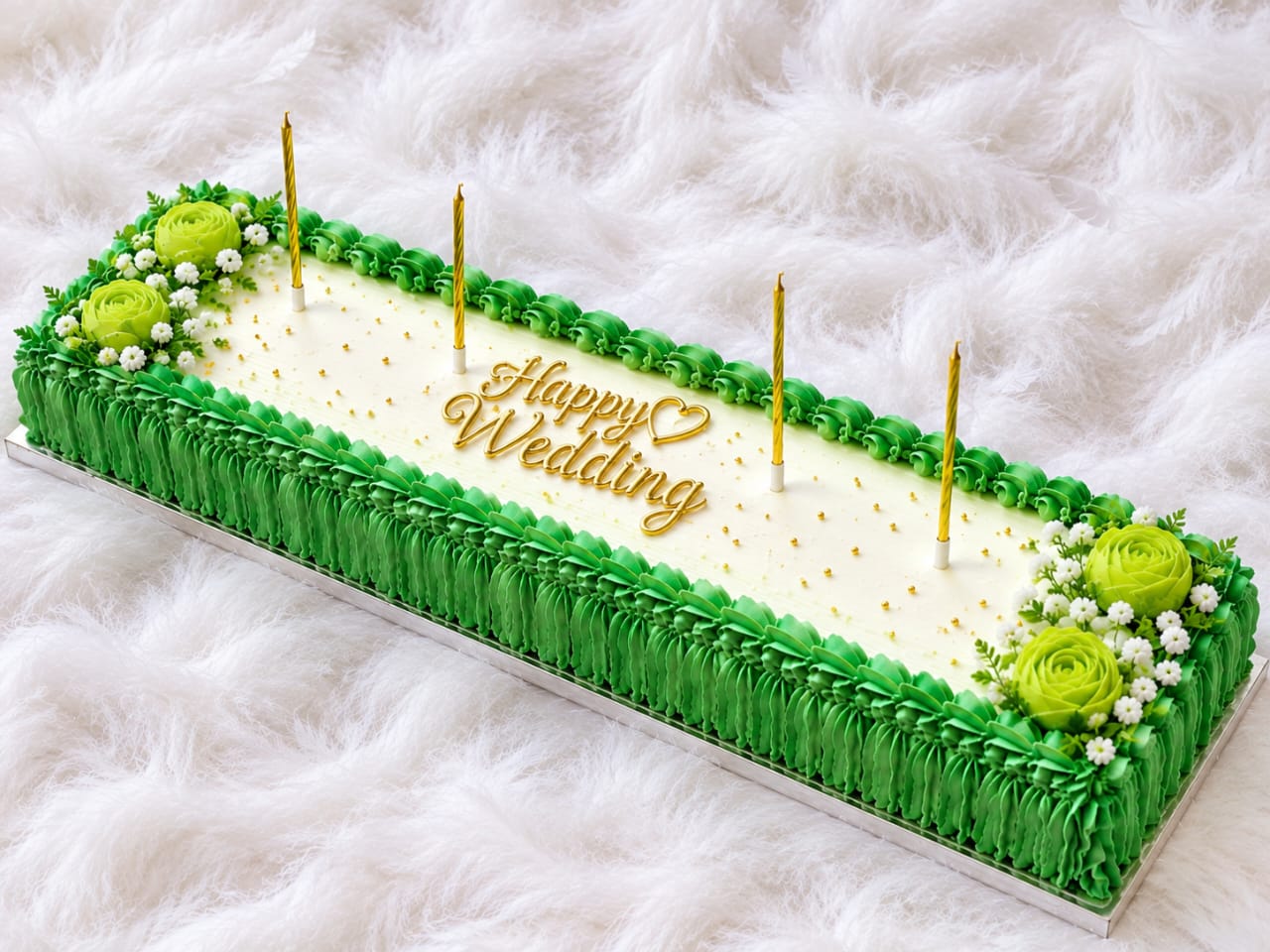 Ashar's wedding cake with green frosting and a Happy Wedding message