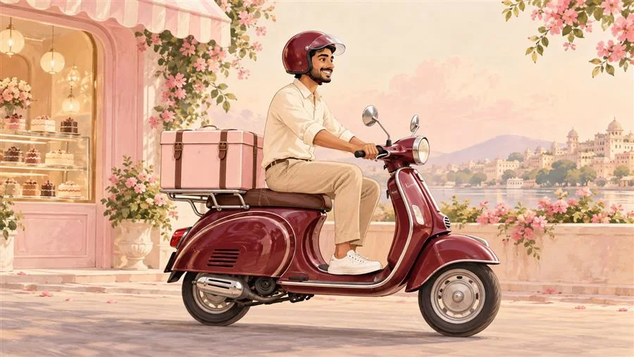 Delivery rider on a burgundy scooter carrying a cake box