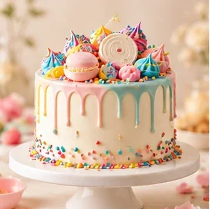 Colourful children's theme cake; example photo