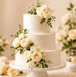 Tiered ivory wedding cake with flowers; example photo